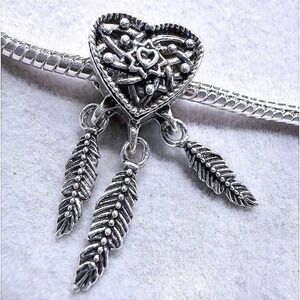 Silver Dreamcatcher with Feathers Dangling Charm fits Charm Bracelet
